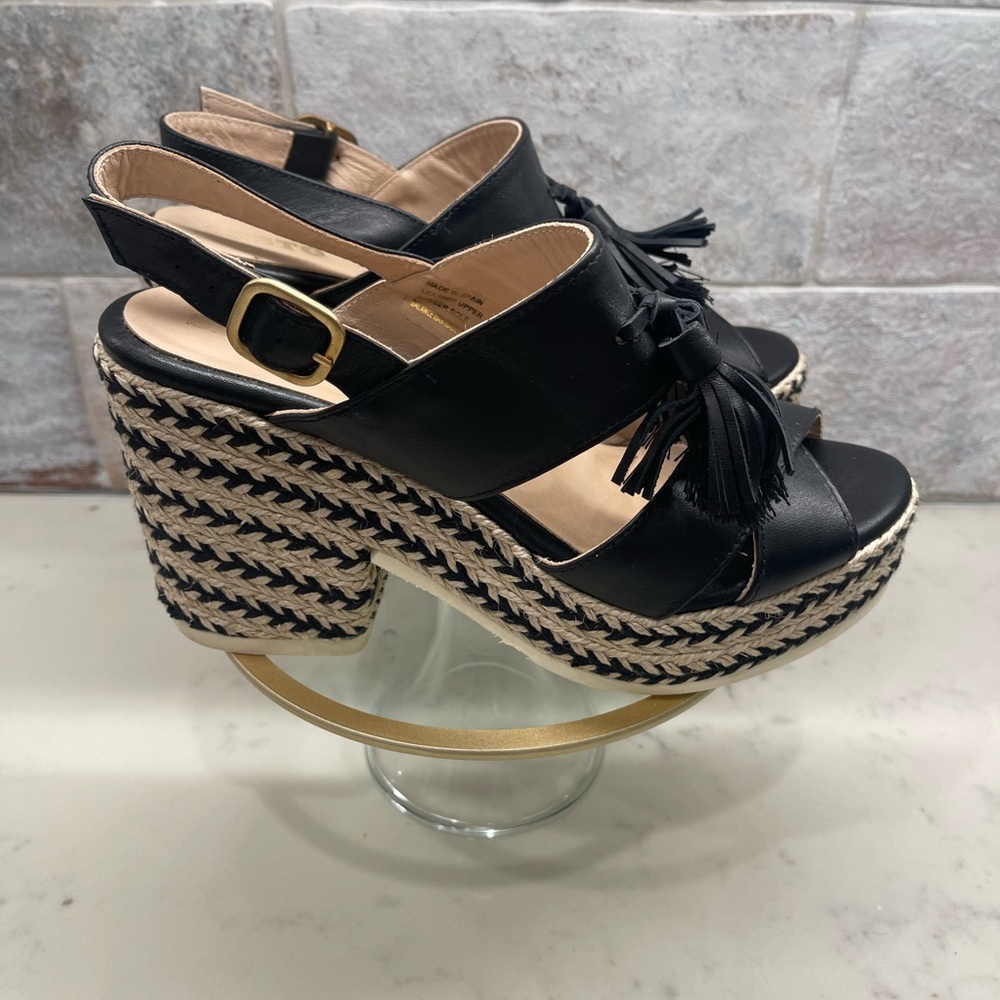 Sesto Meucci Size 11 Black Leather Wedge Sandals Espadrille Platform Tassel